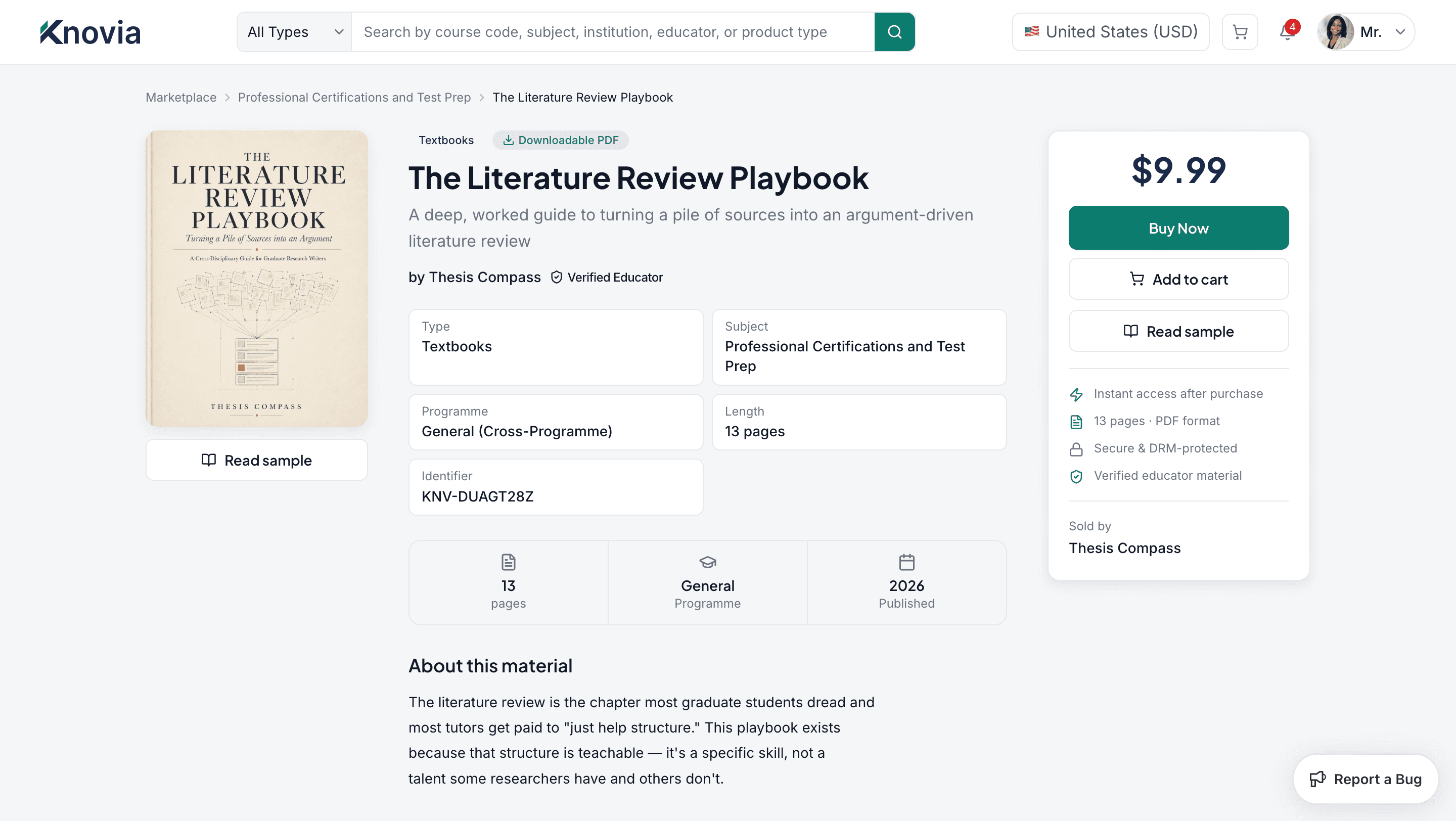 Listing detail on Knovia — The Literature Review Playbook by a verified educator