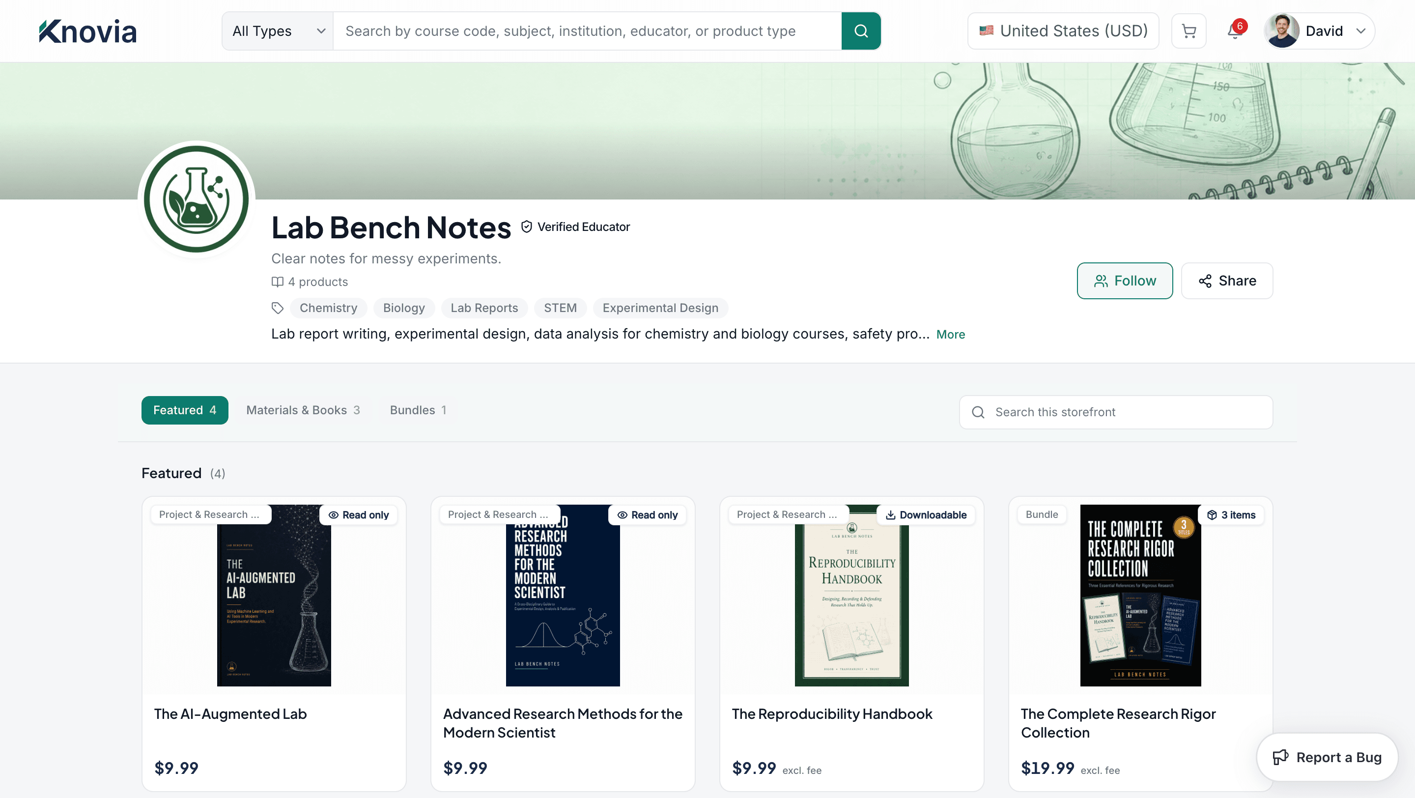 Lab Bench Notes academic storefront on Knovia — verified educator catalogue