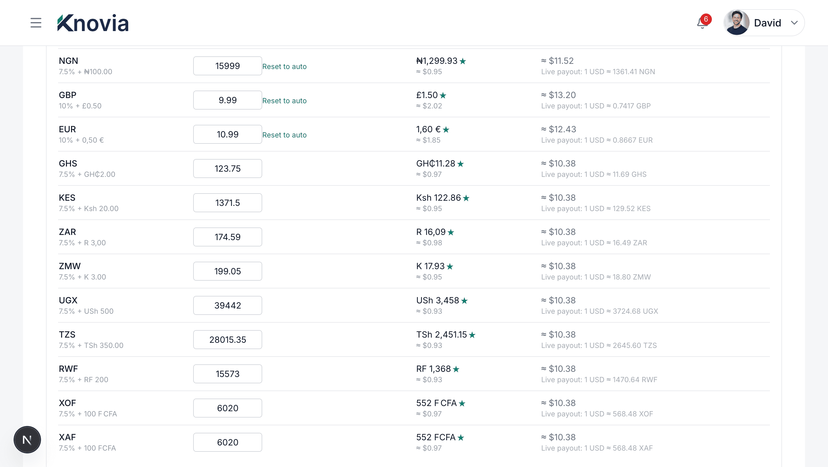 Multi-currency pricing with live payout rates and fee display