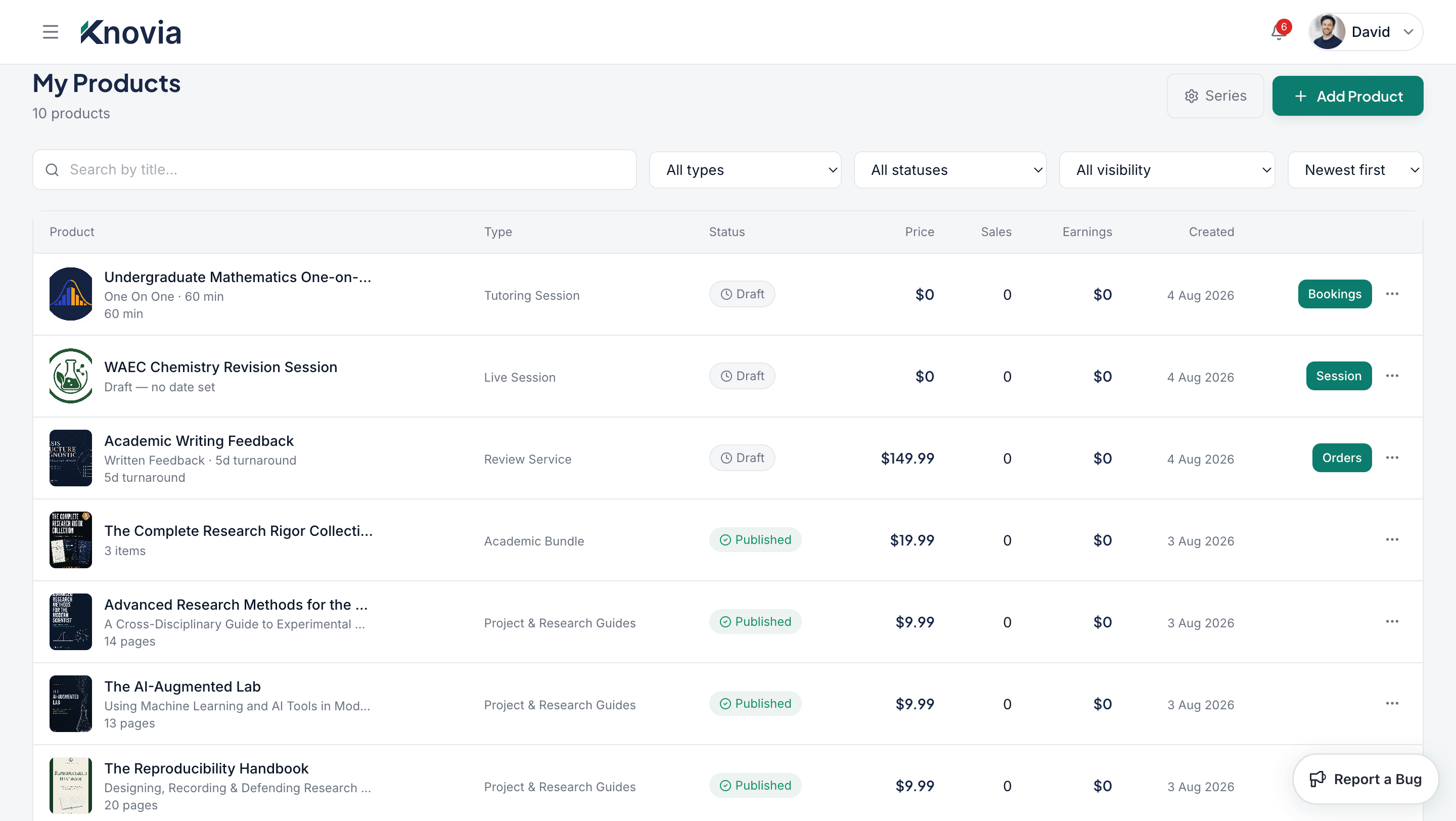 Educator products dashboard on Knovia