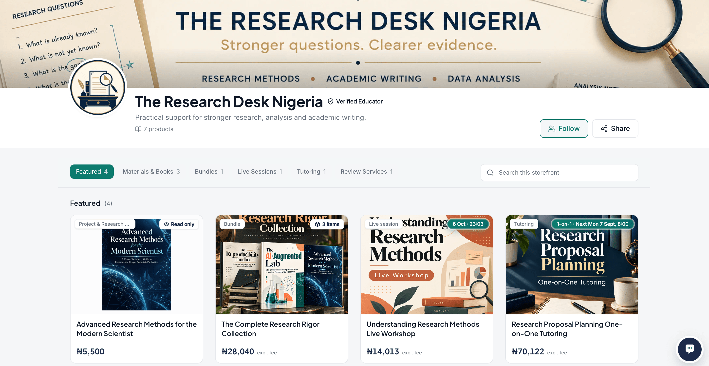 The Research Desk Nigeria storefront on Knovia, showing research materials, a bundle, a live workshop, tutoring, and review services